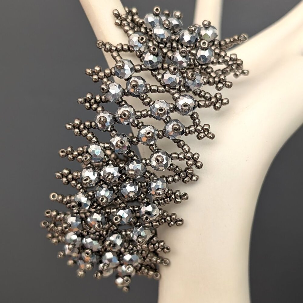 Metallic gray seed bead and silver bead cuff bracelet